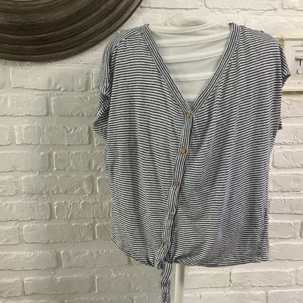 Rachel Zoe navy & white striped tie up button top
